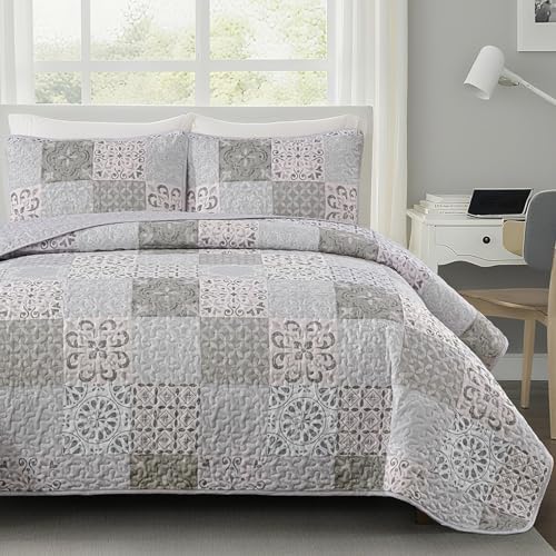 Dobuyly Queen Size Quilt Set Boho Grey Beige Plaid Patchwork