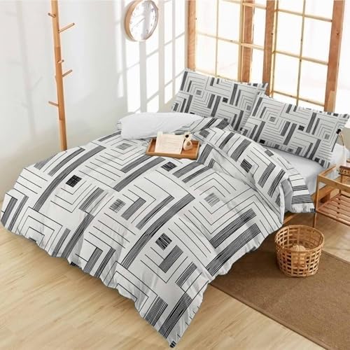 Duvet Cover Set Queen, Gray White Geometric Blocks 3 Piece Bedding Set