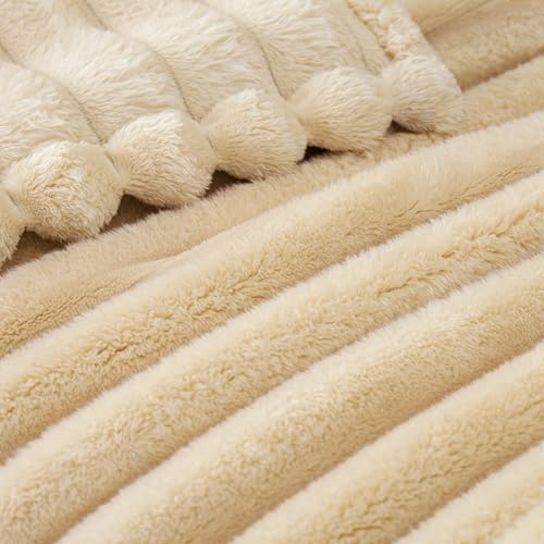 Exclusivo Mezcla Striped King Size Fleece Blanket for Bed, Beige