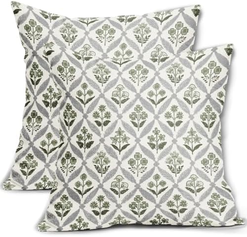 Sage Green Grey Gray Floral Block Print Pillow Covers 18X18 Set of 2