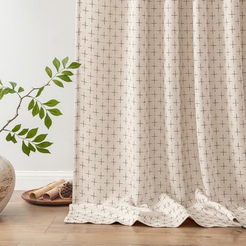 MIULEE Patterned Farmhouse Linen Curtains, Back Tab, 52Wx96L, Beige