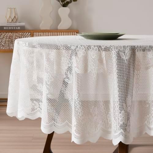 LinenZone 90 Inch Round Ivory Lace Tablecloth.