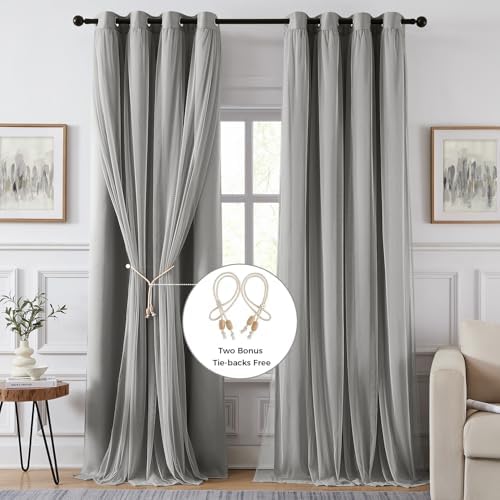 100% Blackout Curtains for Bedroom, Double Layer Grey 108" L
