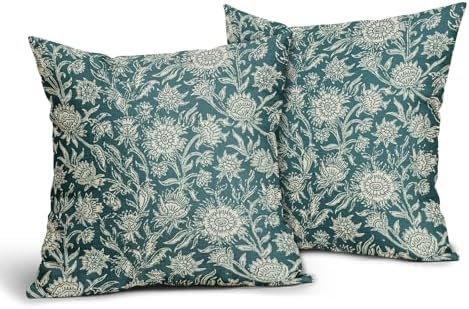 Teal Vintage Floral Pillow Covers 20x20 Inch Set of 2 Neutral Flower