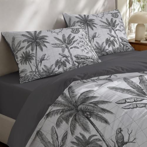Tropical Print Microfiber Grey Duvet Cover Set King