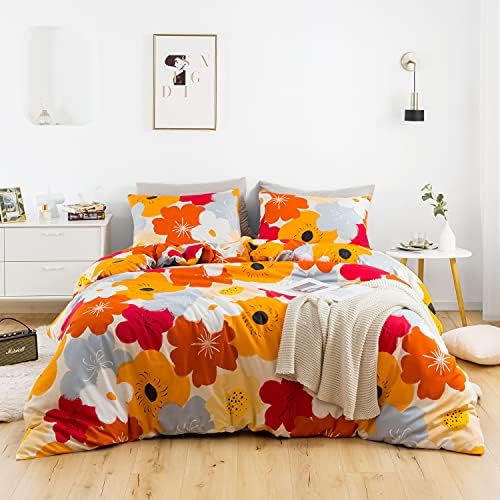 SUSYBAO Floral Duvet Cover Queen 100% Cotton Burnt Orange Flower Duvet