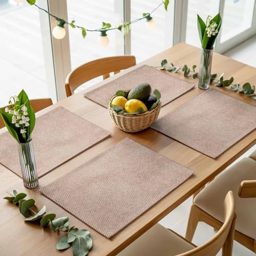 Beige Burlap Texture Placemats Set of 8, Cotton Linen Fabric Place