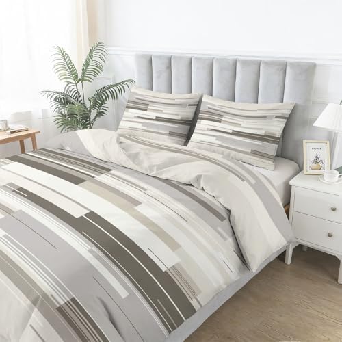Duvet Cover Set Gray Cream 100% Brushed Microfiber 3-Piece Modern
