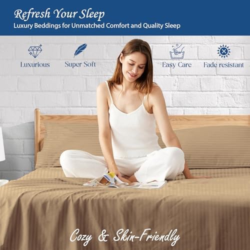 Egyptian Cotton Sheet Set, Twin XL Size Fit 15"-18" Inch Deep Taupe