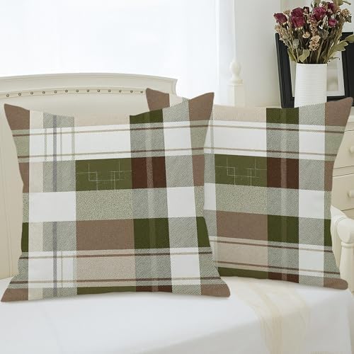 Plaid Throw Pillow Covers Set of 2, Green and Brown Checkered Cushion