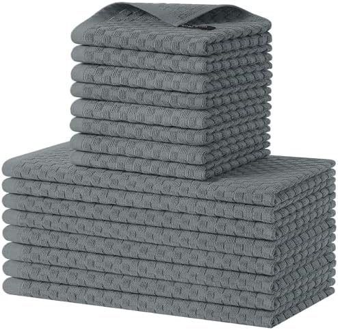 Homaxy 16 Pack 100% Cotton Kitchen Towels and Dishcloths Set, Dark