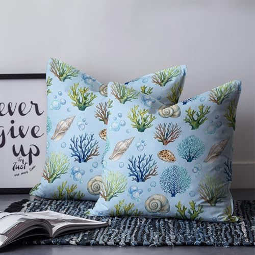 Pillow Covers 20x20 Set of 2, Blue Coral Coastal Throw Pillow Covers