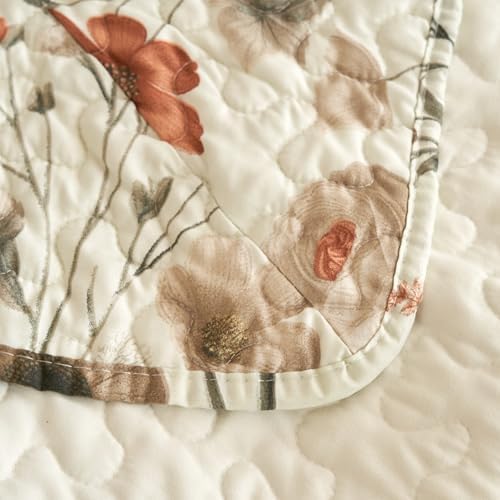 DaDa Bedding Enchanted Meadow Quilt Set Queen, Floral Bedspread Beige