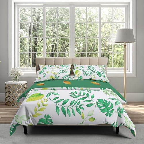 INFLAG Duvet Cover Green Botanical Leaf Printed Reversible, Bedding