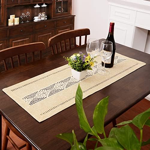 Grelucgo Home Country Farmhouse Rustic Beige Hemstitched Table Runner