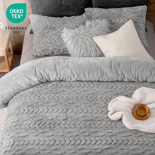 PHF Fluffy Sherpa Fleece King Comforter Set, Grey