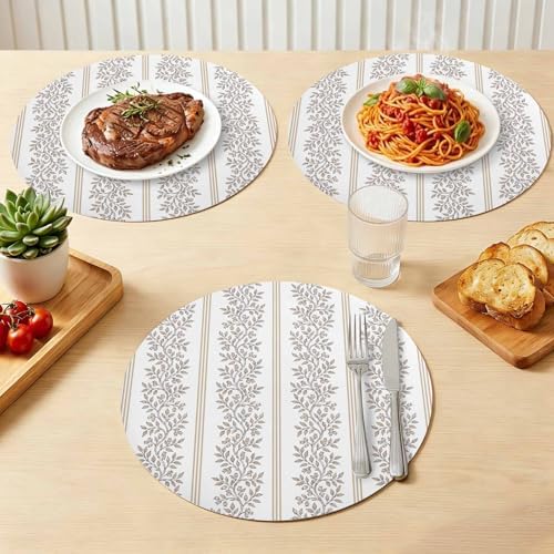 Fall Taupe Flower Faux Leather Placemats Set of 6, 12in, Waterproof