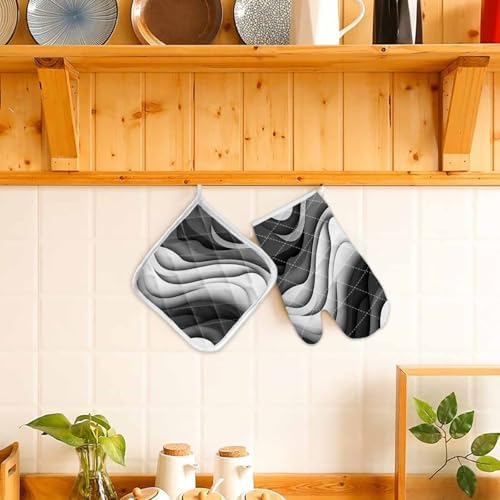 Quilted Cotton Terry Cloth Oven Mitt, Pot Holder Black White Gray