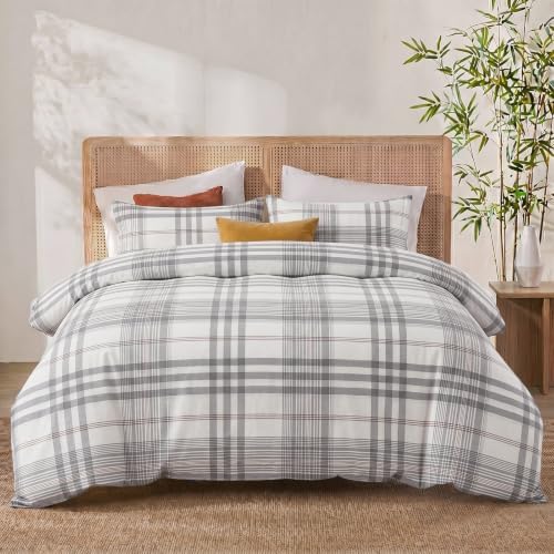 Merryword 100% Cotton Gray Plaid Duvet Cover Set, 100% Washed Cotton