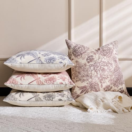 Floral Pillow Covers 22x22 Inch Set of 2 Blue White Farmhouse Block