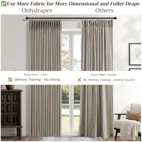 Grey Beige Pleated Linen Curtains 120 Inch Length 2 Panels Set Semi