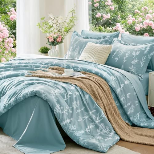 Oversized King Comforter Set, 7-Piece Floral Bed in a Bag, Dusty Blue