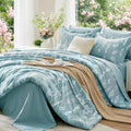 Oversized King Comforter Set, 7-Piece Floral Bed in a Bag, Dusty Blue