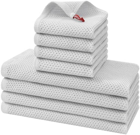 Kitinjoy 100% Cotton Kitchen Towels and Dishcloths Set, 8 Pack- Light