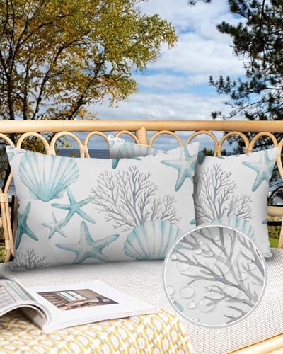 Outdoor Pillow Covers with Inserts,Teal Coastal Waterproof Decorative