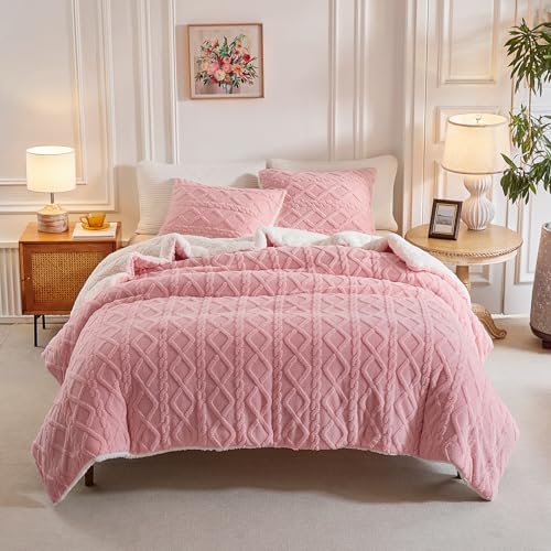 Joyreap 3-Piece Fluffy Faux Fur Sherpa Comforter Set Pink, Queen Size