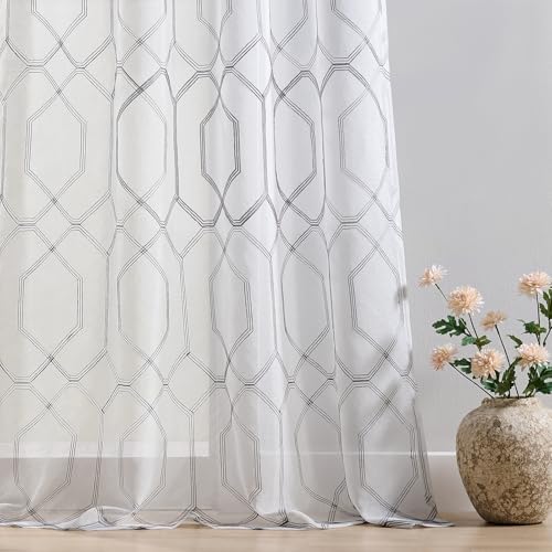 Grey and White Geometric Sheer Curtains 96 Inches Long Gray