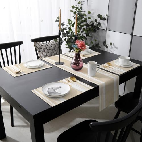 Table Runner and Placemats Set of 6 Beige Linen Stripes Table Runner