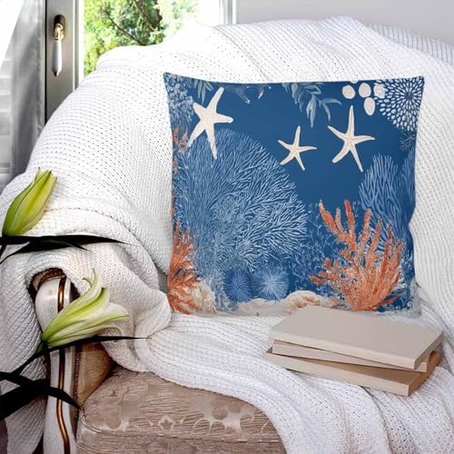 Orange Navy Blue Coral Pillow Covers 20x20 Set of 2, Summer Beach