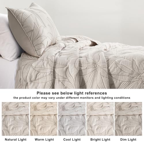WDCOZY Beige Leaf Embroidered Quilt Set, Queen Size, Lightweight