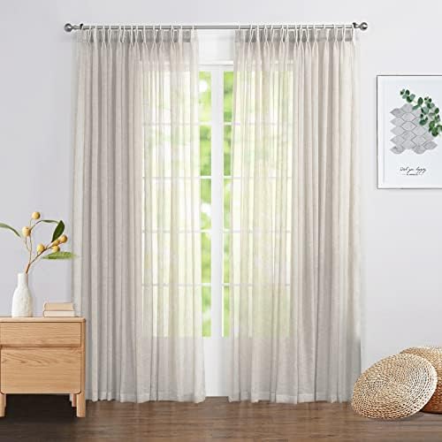 Beige Sheer Curtains 120 inches Long, Pinch Pleated Faux Linen Window