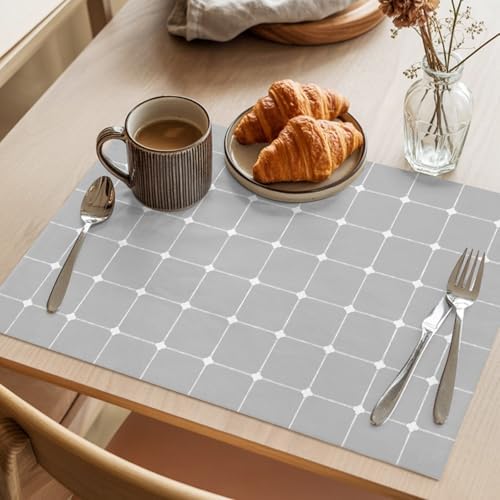 Grey Checkered Placemats Set of 8, Modern Minimalist Geometric Grid