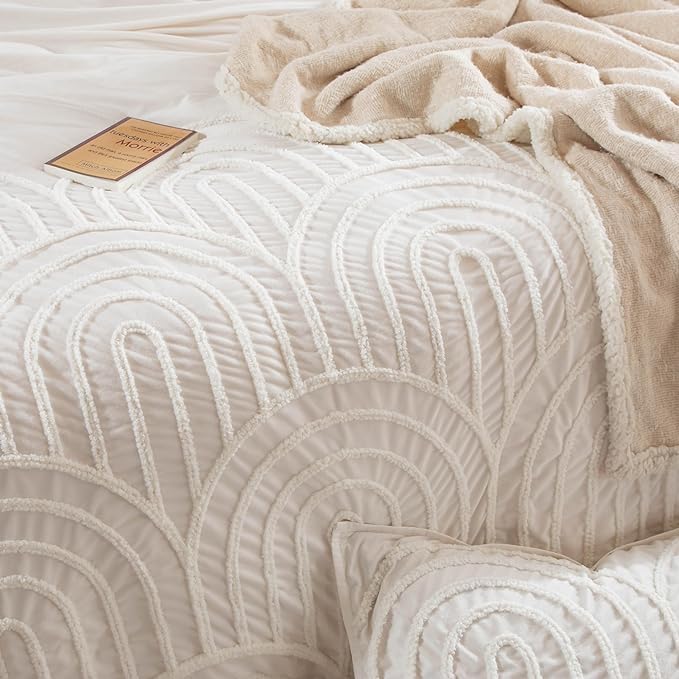 3-Pcs Queen tufted duvet cover, ivory boho bedding set, dorm duvet