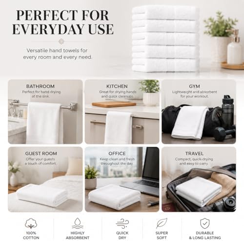 White Hand Towel Pack of 6, 28x16 Inches | 100% Ringspun Cotton