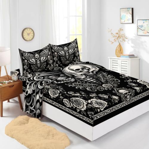 AILONEN Ivory Floral Moth Full 4 Piece Bedding Set with Fitted and