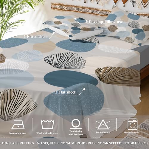 Shrahala Coastal Neutral Tones Queen 4 Piece Sheets Set, Shell Pebble