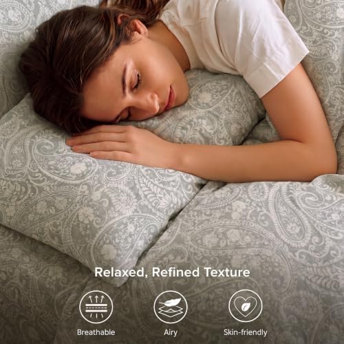 Linen Cotton Duvet Cover Set King Size, Grey Paisley Bedding Set