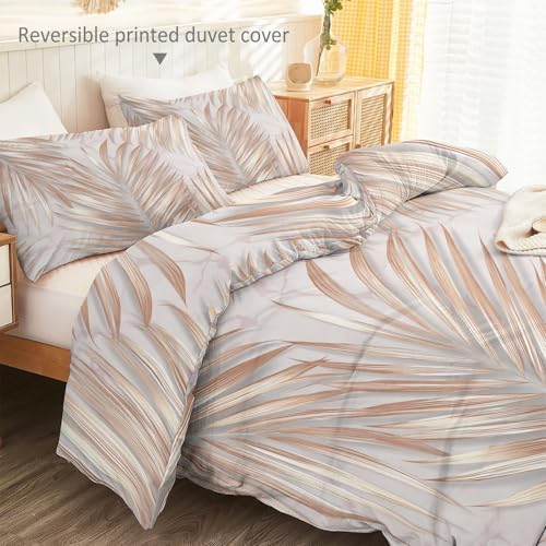 Duvet Cover Set Plants 3D Minimalist Palm Leaves - Light Gray Soft