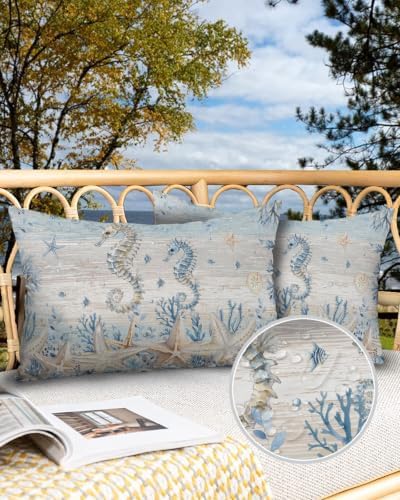 Outdoor Throw Pillow Waterproof Pillows, Summer Ocean Seahorse Coral