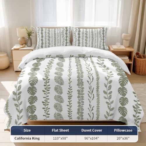 Sage Green Leaf California King 4 Piece Duvet Cover Set, Summer
