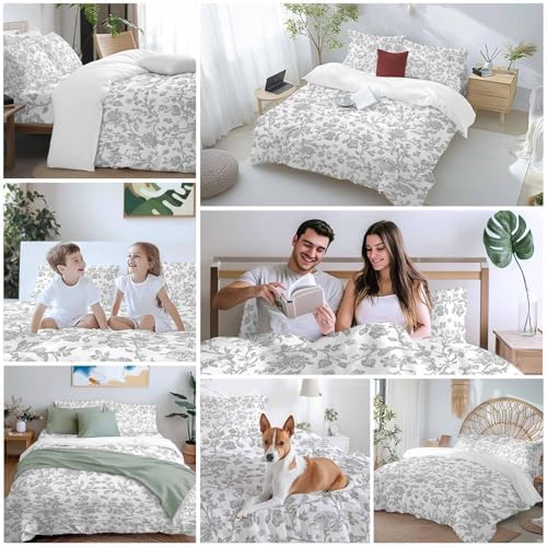Boho Gray Flower Duvet Cover Set, Vintage Farmhouse Leaf Spring Plant