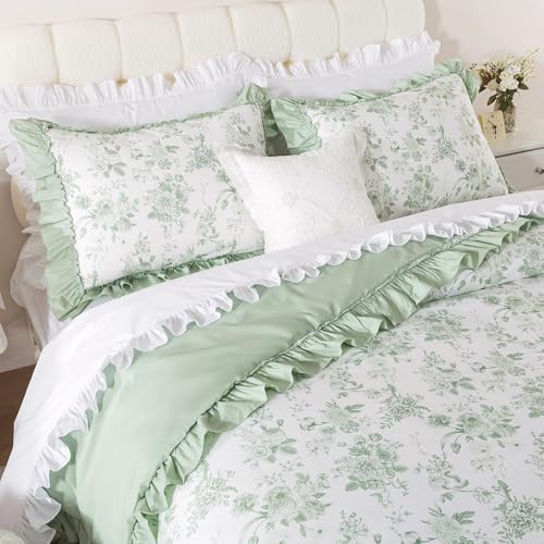 Brandream King Duvet Cover Set, 100% Cotton Sage Green Floral Bedding