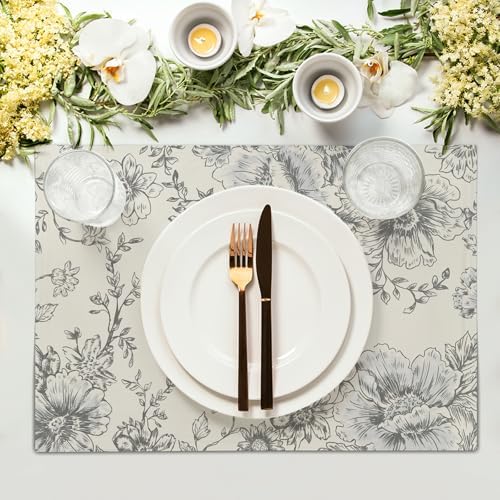 Grey Farmhouse Flowers Placemats Set of 4 Grey and Cream Floral Print