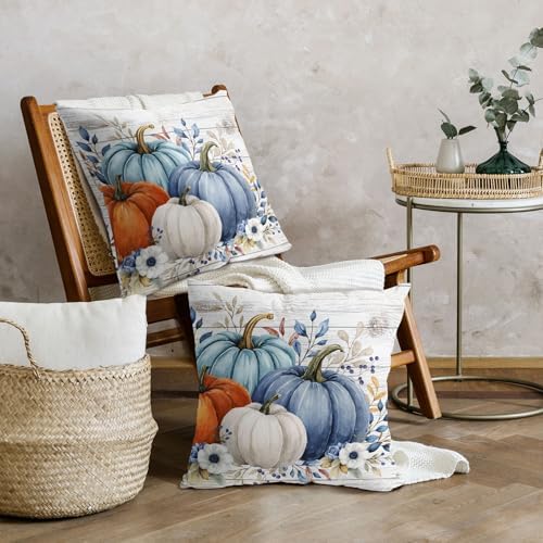 Fall Pumpkin Floral Throw Pillow Covers 22x22 Inch Blue Teal Orange