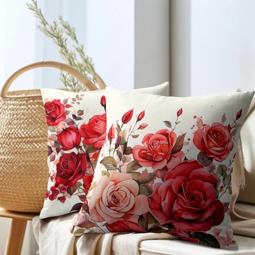 Kawani Red Rose Flowers Pillow Covers 18x18 Inch Set of 2 Valentines