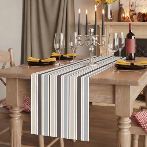 Khaki Grey Striped Table Runner 120 Inches Long for Dining Table